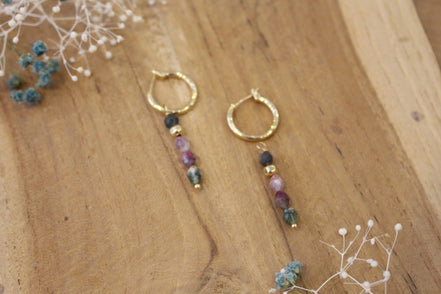 Bijou femme boucles d'oreilles dorées pendantes tourmaline
