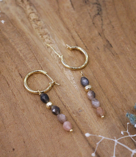 Bijou femme boucles d'oreilles dorées pierre de lune pêche