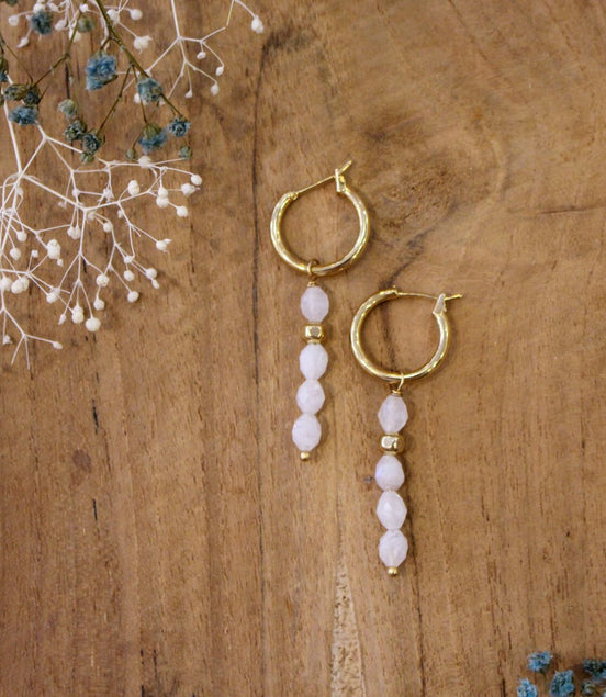bijou femme boucles d'oreilles dorées pierre de lune