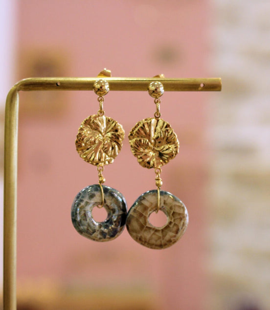 Boucles d'oreilles genese dorées céramique bleu