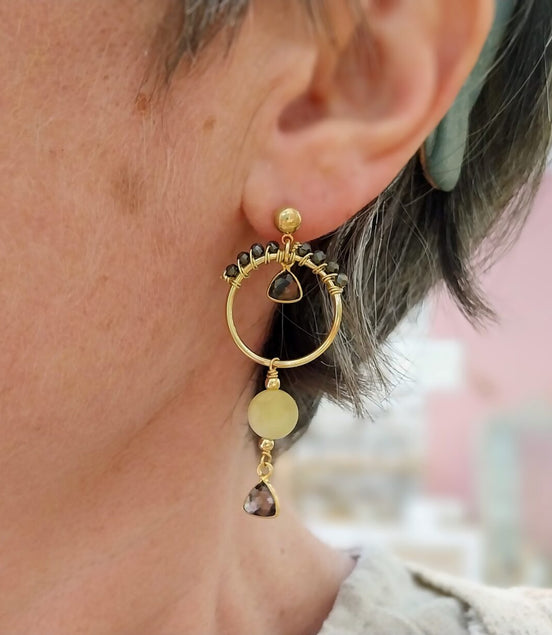 Idée cadeau bijou femme Boucles d'oreilles longues quartz fumé