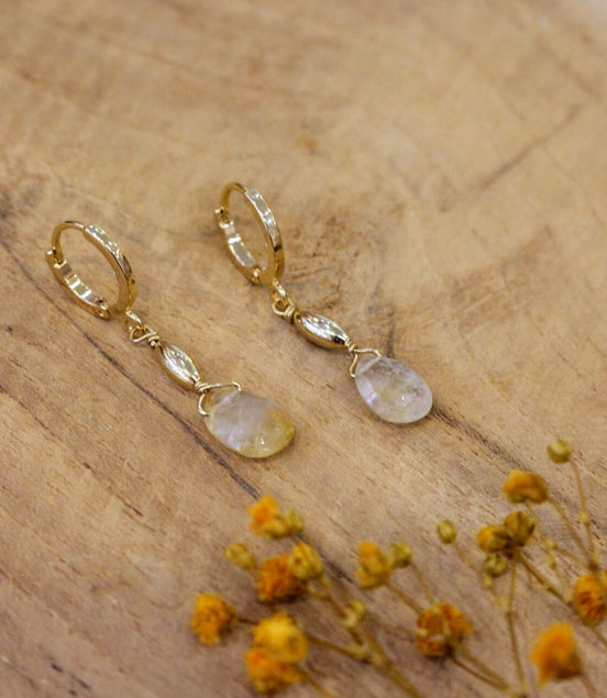 petites boucles d'oreilles dorées pendantes et quartz rutile goutte