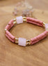 Bracelet élastique laiton doré or fin 24 carats pierre de lave et quartz rose idée cadeau bijou