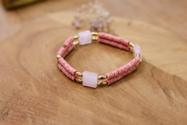 Bracelet élastique laiton doré or fin 24 carats pierre de lave et quartz rose idée cadeau bijou