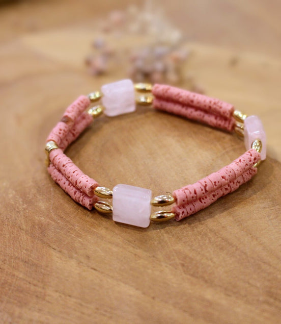 Bracelet élastique laiton doré or fin 24 carats pierre de lave et quartz rose idée cadeau bijou