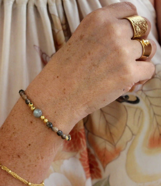 Bijou femme Bracelet femme doré pierre de lune pêche et labradorite