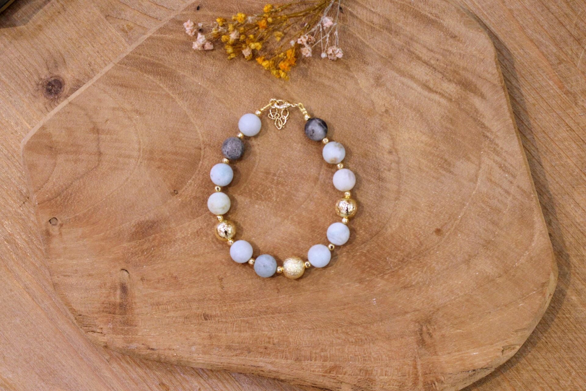 Idée cadeau bijou doré femme Bracelet perles amazonite dépolie