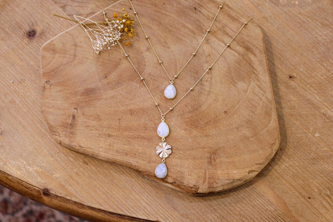 Idée cadeau Collier doré double rang long pierre de lune