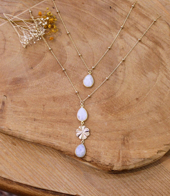 Idée cadeau Collier doré double rang long pierre de lune