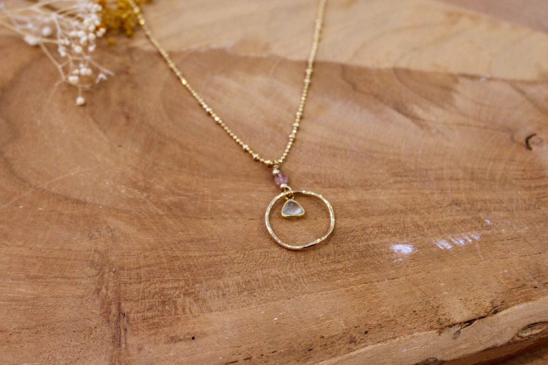 Idée cadeau bijou femme Collier doré femme anneau quartz fraise et phrénite