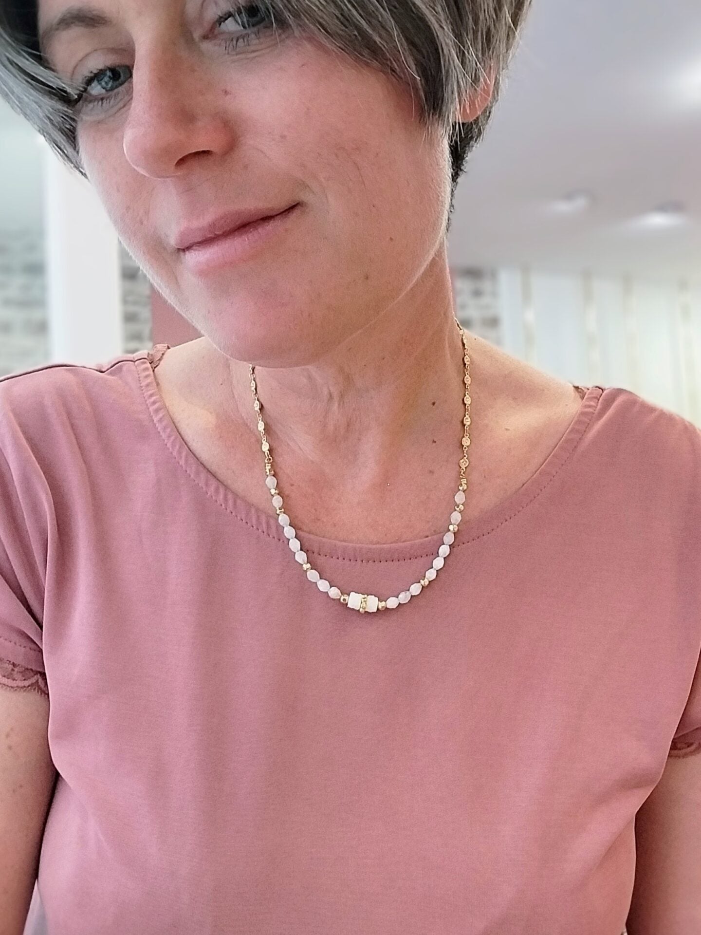 Bijou femme collier doré femme cristal de roche pierres naturelles