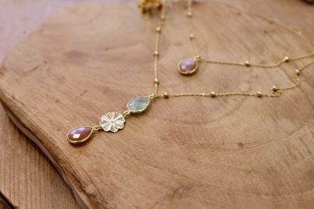Idée cadeau bijou femme Collier long double rang doré pierre de lune pêche