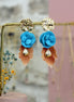 Bijou femme Grandes boucles d'oreilles dorées fleurs invitée mariage bleu canard et marron