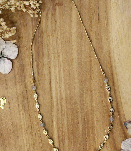 collier printemps doré et perles en labradorite