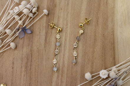 boucles d'oreilles printemps en laiton doré et perles de labradorite