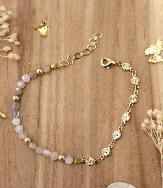 bracelet en laiton doré et pierre de lune pêche