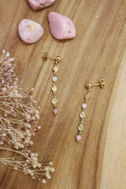 boucles d'oreilles printemps doré et opale rose