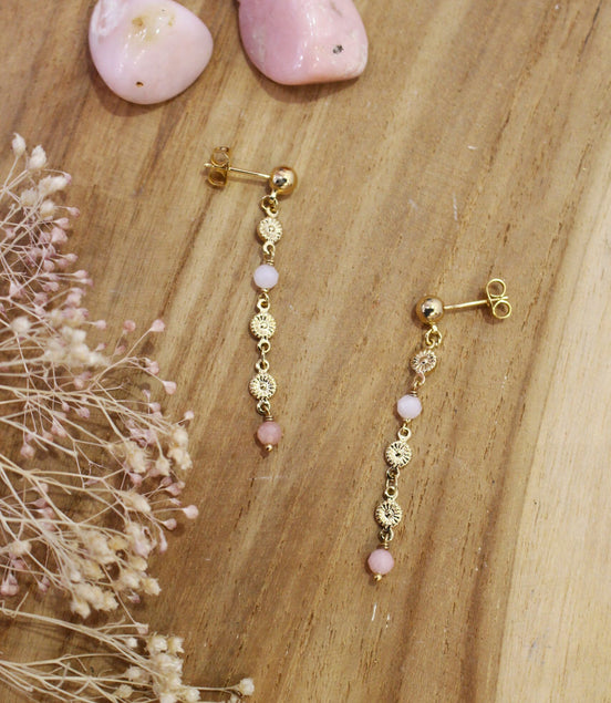 boucles d'oreilles printemps doré et opale rose