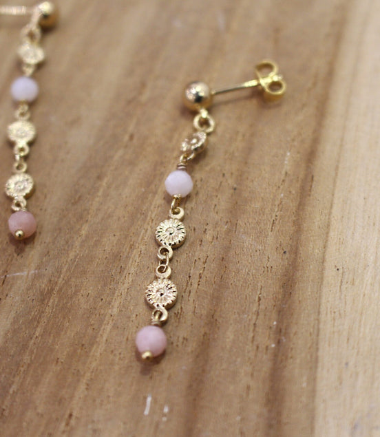 boucles d'oreilles printemps en opale rose et laiton doré