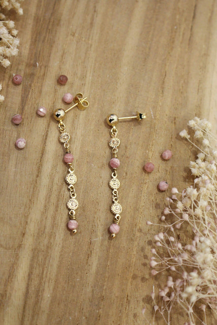 boucles d'oreilles printemps en laiton doré et perles de rhodocrosite