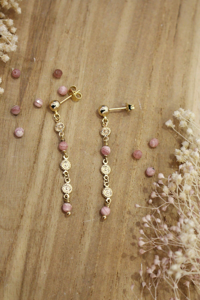 boucles d'oreilles printemps en laiton doré et perles de rhodocrosite