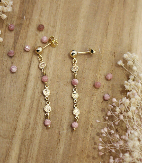 boucles d'oreilles printemps en laiton doré et perles de rhodocrosite