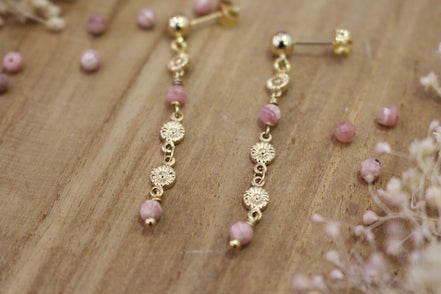 boucles d'oreilles en laiton doré et rhodocrosite