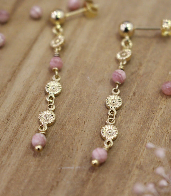 boucles d'oreilles en laiton doré et rhodocrosite