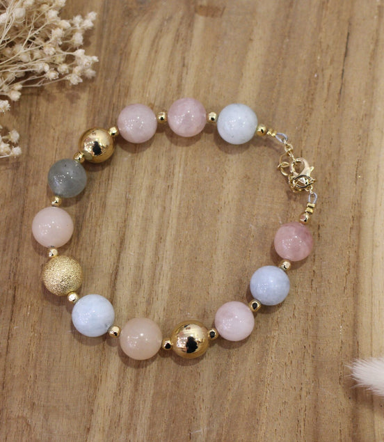 bracelet femme fait-main en France en béryl et morganite et laiton doré