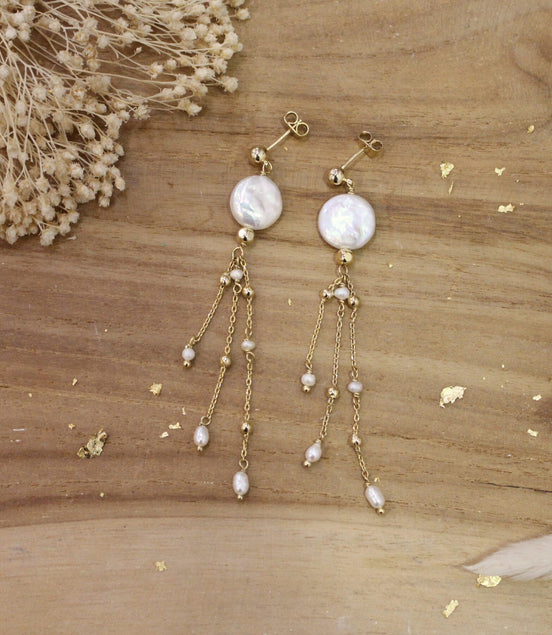 boucles d'oreilles de mariée doré et perle d'eau douce