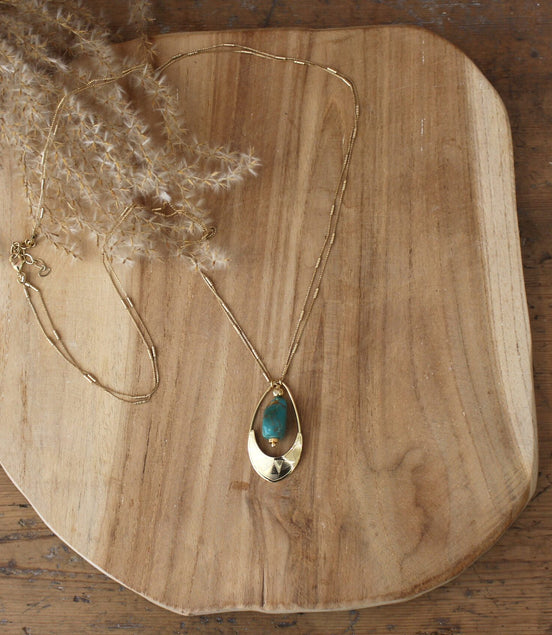 sautoir origine en laiton doré et perle de turquoise, bijou pour femme