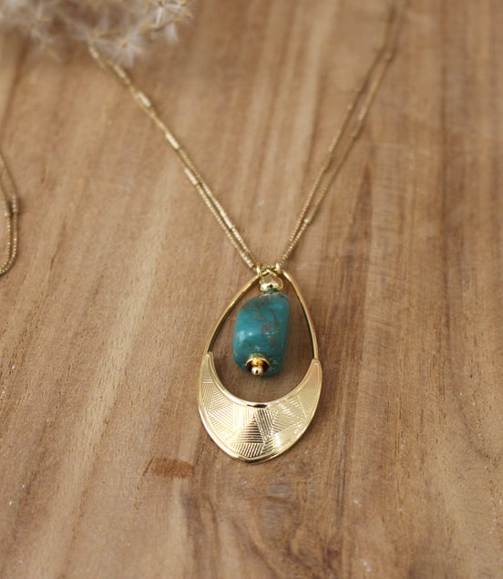 collier origine en laiton doré et perle de turquoise, bijou de caractère pour femme, fait main