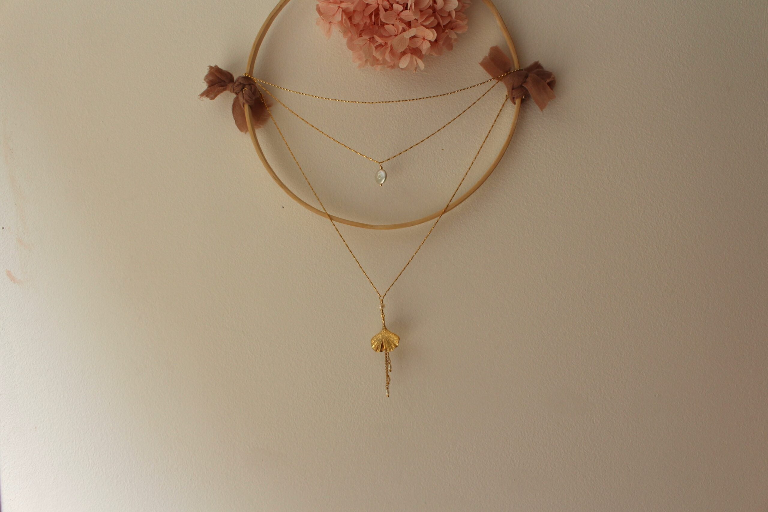 collier de dos en laiton doré et perles d'eau douce, pour mariée