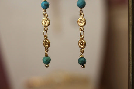 boucles d'oreilles collection printemps en fleurs dorées et perles de turquoise