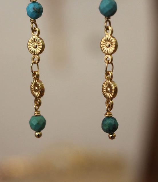 boucles d'oreilles collection printemps en fleurs dorées et perles de turquoise