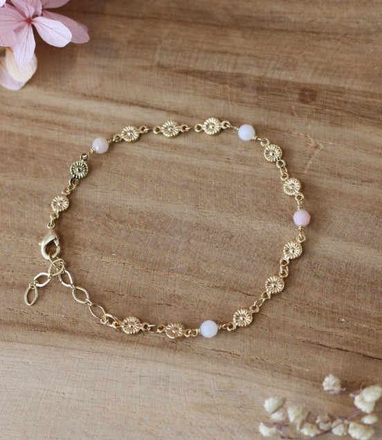 bracelet pour femme en laiton doré et perles d'opales rose