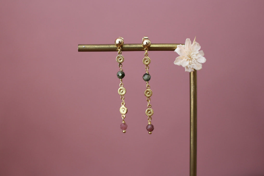 boucles d'oreilles pour femme en laiton doré et perles de tourmaline