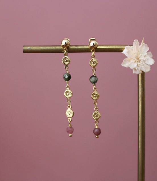 boucles d'oreilles pour femme en laiton doré et perles de tourmaline