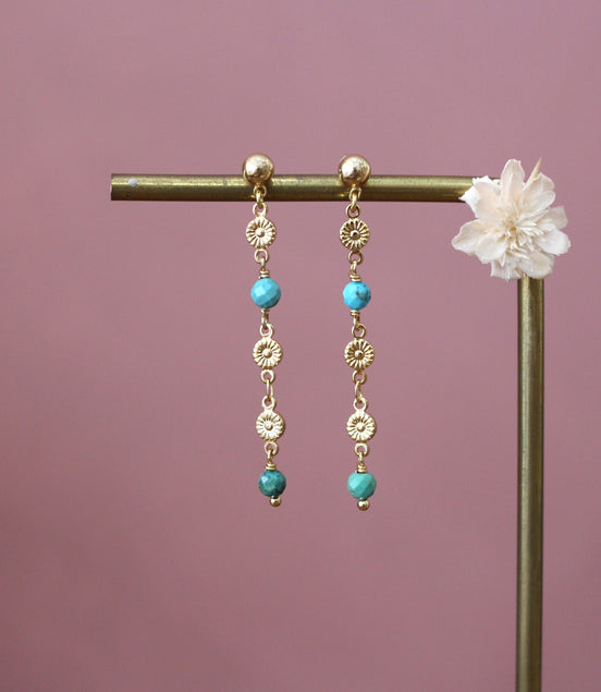 boucles d'oreilles pour femme en laiton doré à l'or 24 carats et perles en turquoise