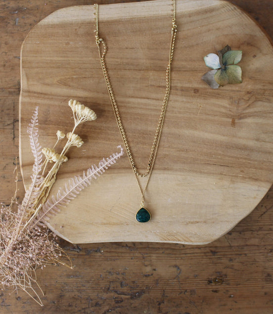 bijou femme collier double rang dorée pierre verte
