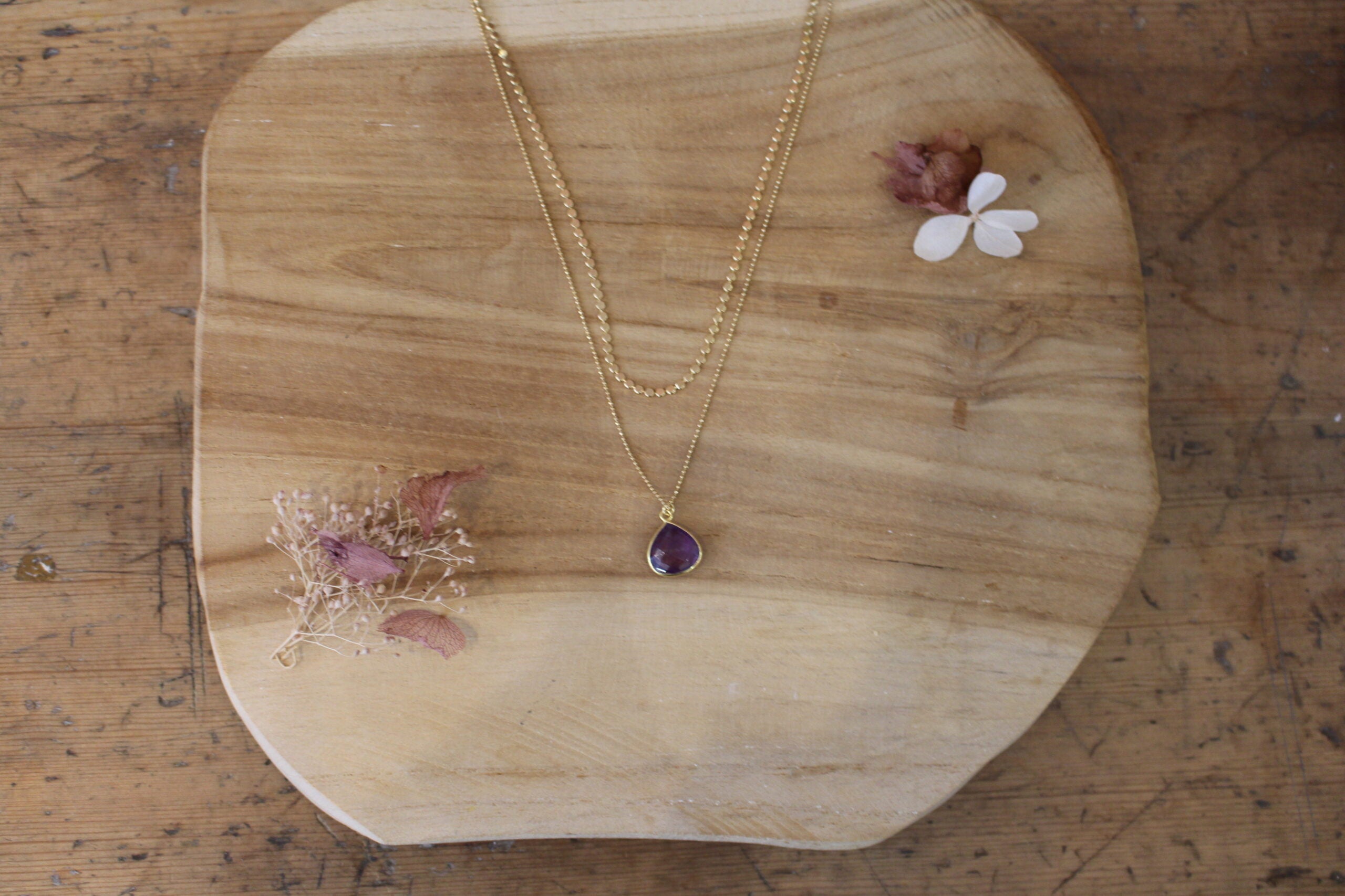 bijou femme collier double rang dorée améthyste
