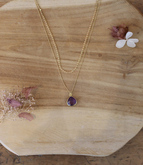 bijou femme collier double rang dorée améthyste