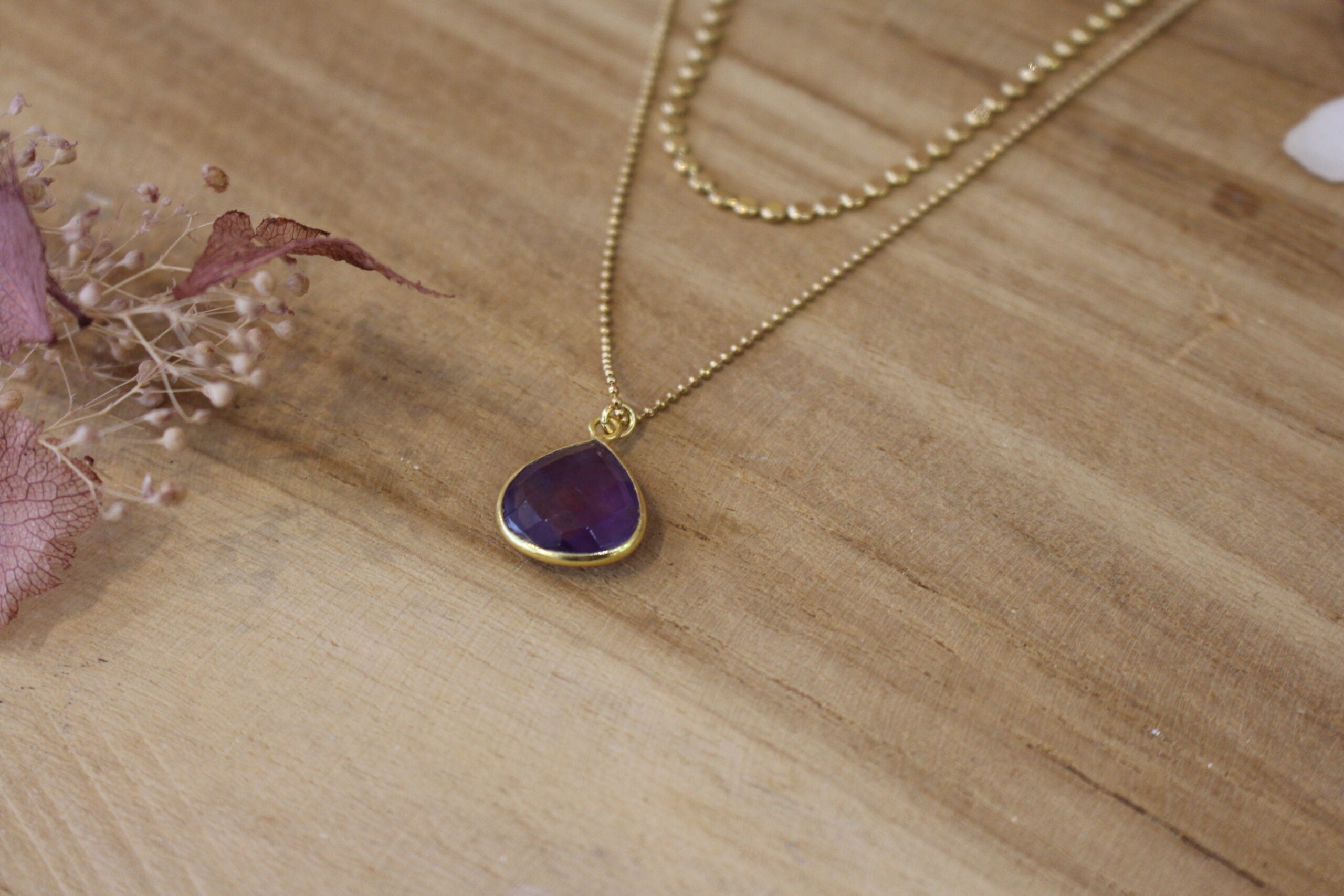 bijou femme collier double rang dorée améthyste