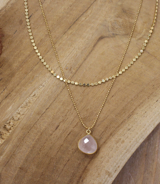collier double rang pendentif quartz rose