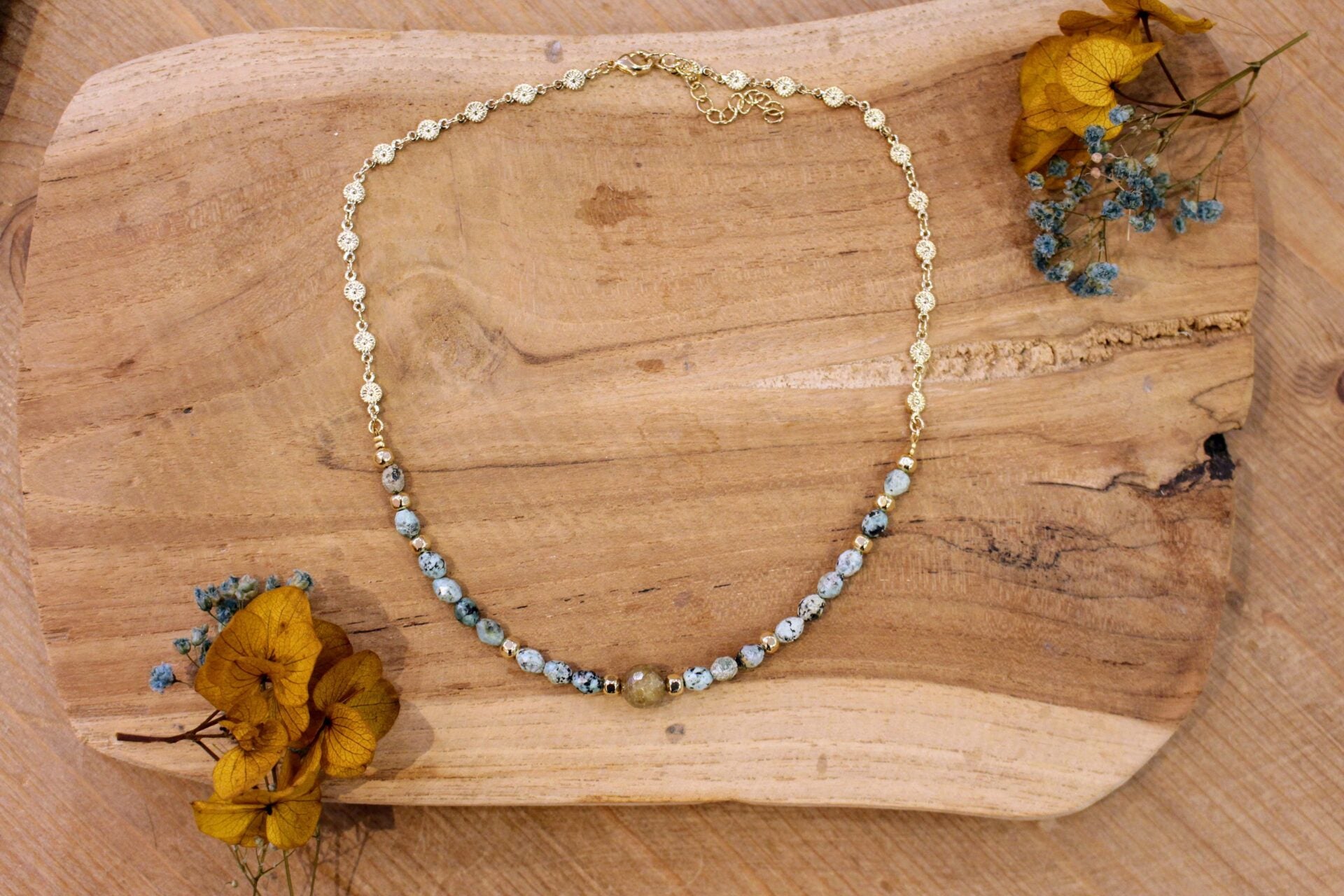 Idée cadeau bijou femme collier doré pierre naturelle jaspe africain