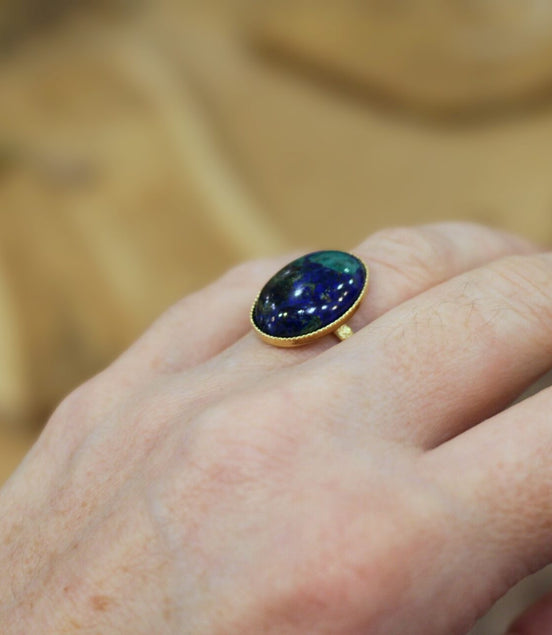 bague doré et pierre nature malachite azurite bleu et vert