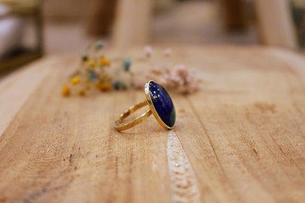 bague dorée cabochon oval malachite azurite