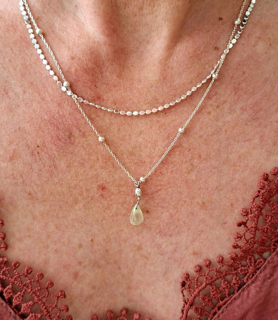 bijou argenté collier double rang pendentif péridot