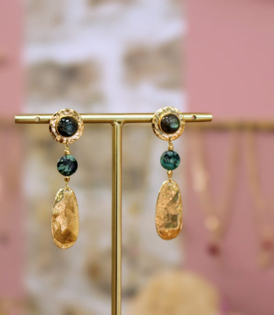 Boucles d'oreilles PIROGUE mystique doré- labradorite et jaspe africain