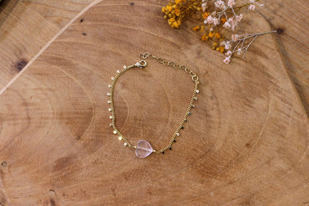 bijou femme bracelet doré et cœur en quartz rose